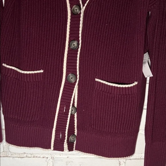 Old Navy Women's Maroon Button-Front Cardigan with Cream Trim - Picture 4 of 10